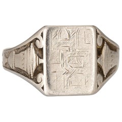 Art Deco Men's Signet Ring 14 Karat White Gold Square Mount Antique Jewelry