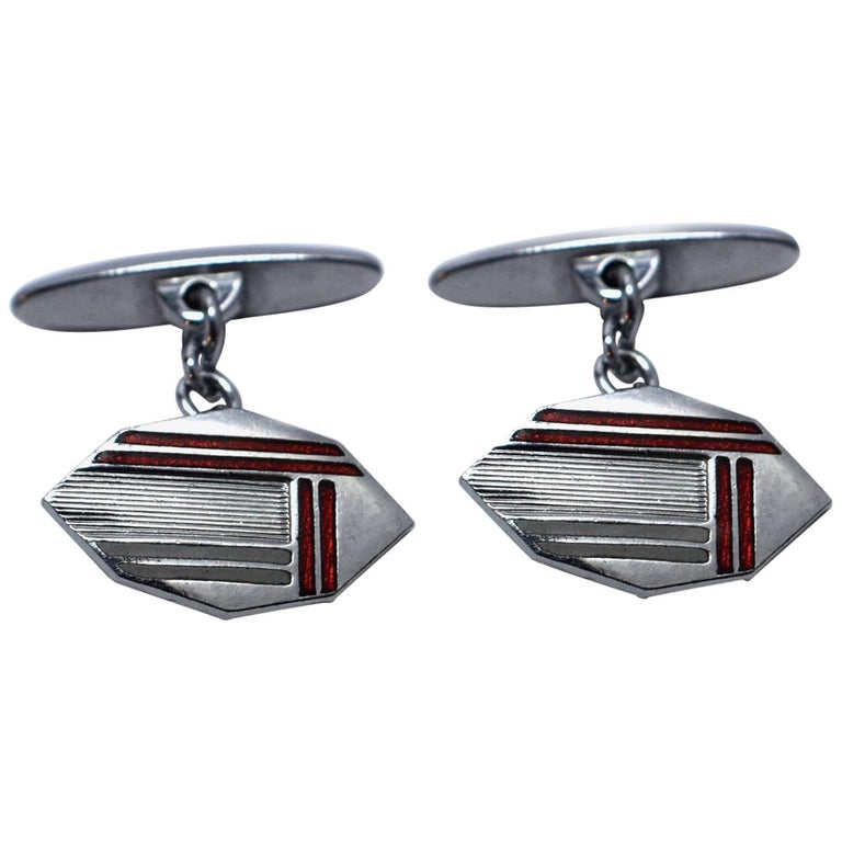 Art Deco Men's Silver and Enamel Cufflinks For Sale at 1stdibs