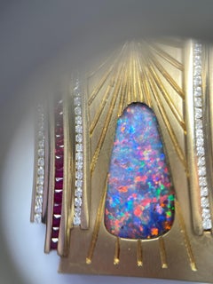 5.86 Carat TW Art Deco Men's Tag, Black Opal, Pigeon Blood Ruby, Diamond, 18KY