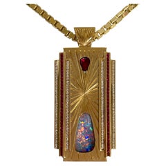 5.86 Carat TW Art Deco Men's Tag, Black Opal, Pigeon Blood Ruby, Diamond, 18KY