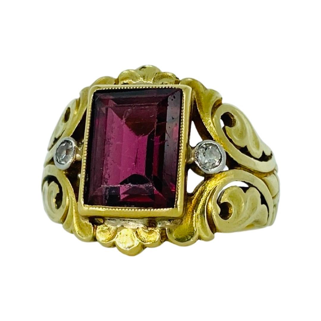 Vintage Men's 4.20 Carat Tourmaline and Single Cut Diamonds Royal Signet Ring 14k Gold. The ring is very well made design, structure and creativity brought to life. The center tourmaline gemstone measures 10mm X 8mm and on the sides there are two