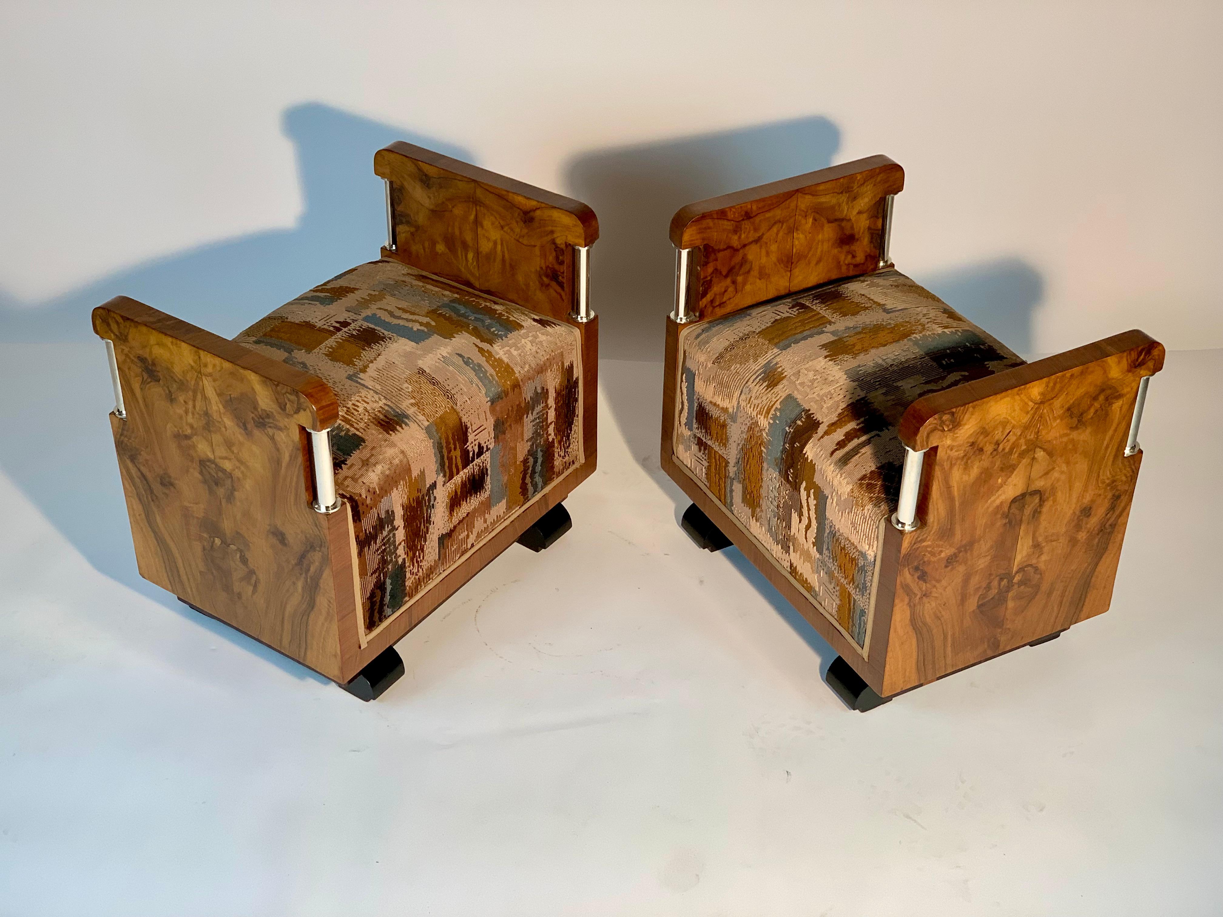 Wood Art Deco Meroni E Fossati Italian Pair of Stools Original  Velvet