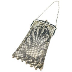 Art Deco Mesh Schwarz emaillierte Silber Handtasche Geldbörse Circa 1876