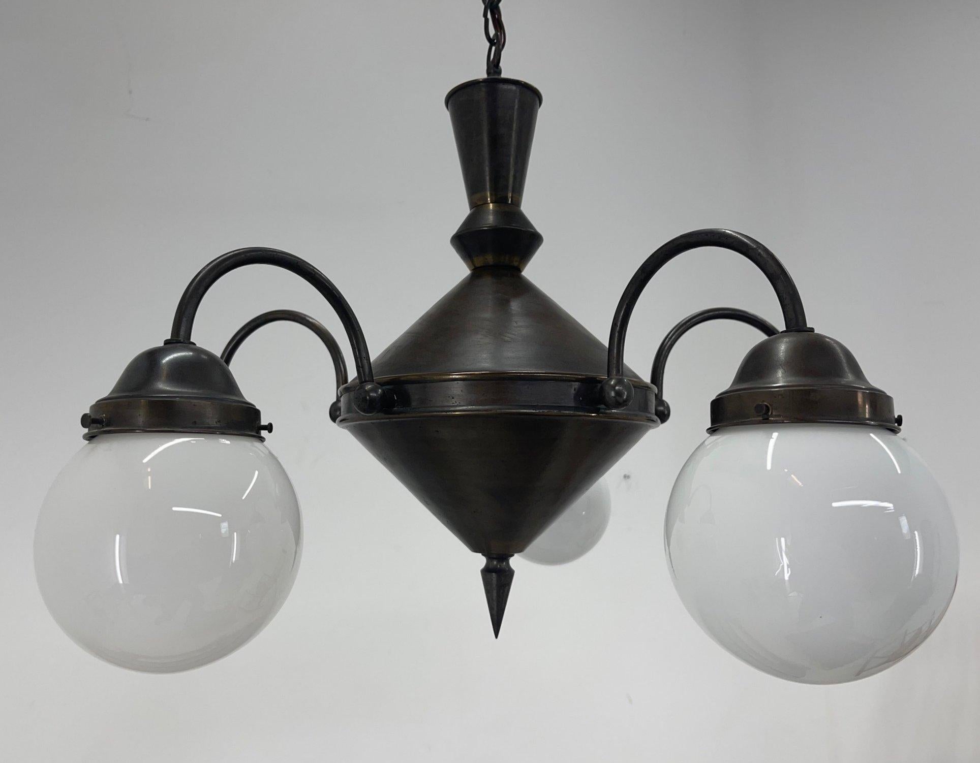 Art Deco Metal and Milk Glass Chandelier, 1930's For Sale 5