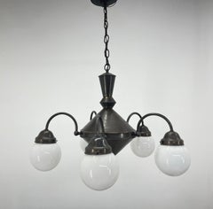 Art Deco Metal and Milk Glass Chandelier, 1930's