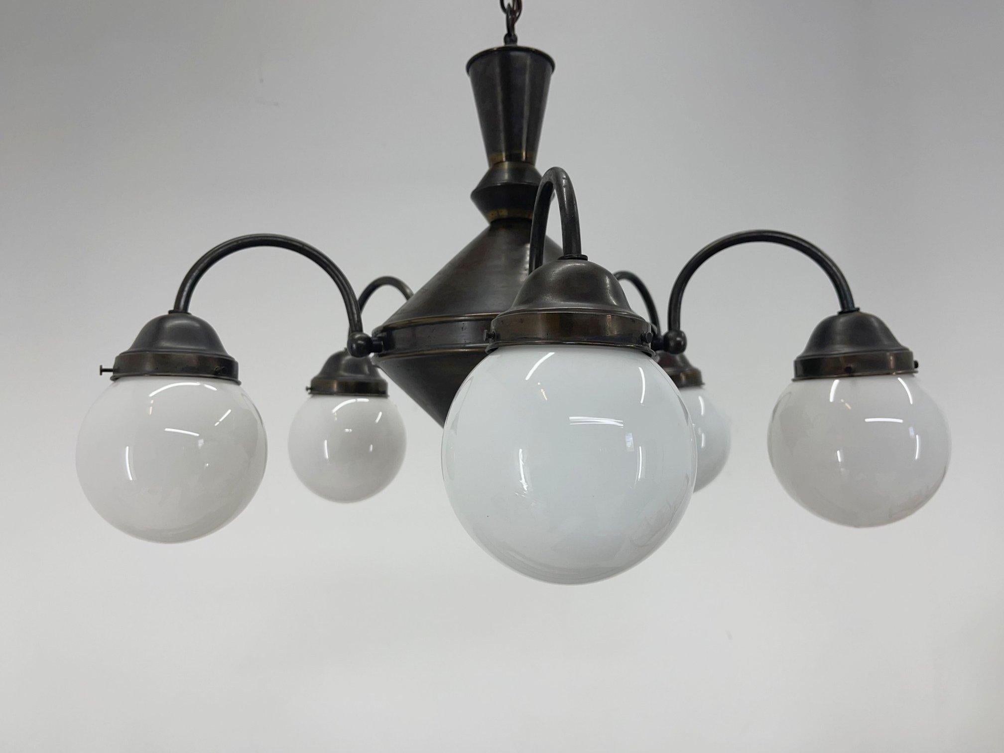 Czech Art Deco Metal and Milk Glass Chandelier, 1930's For Sale