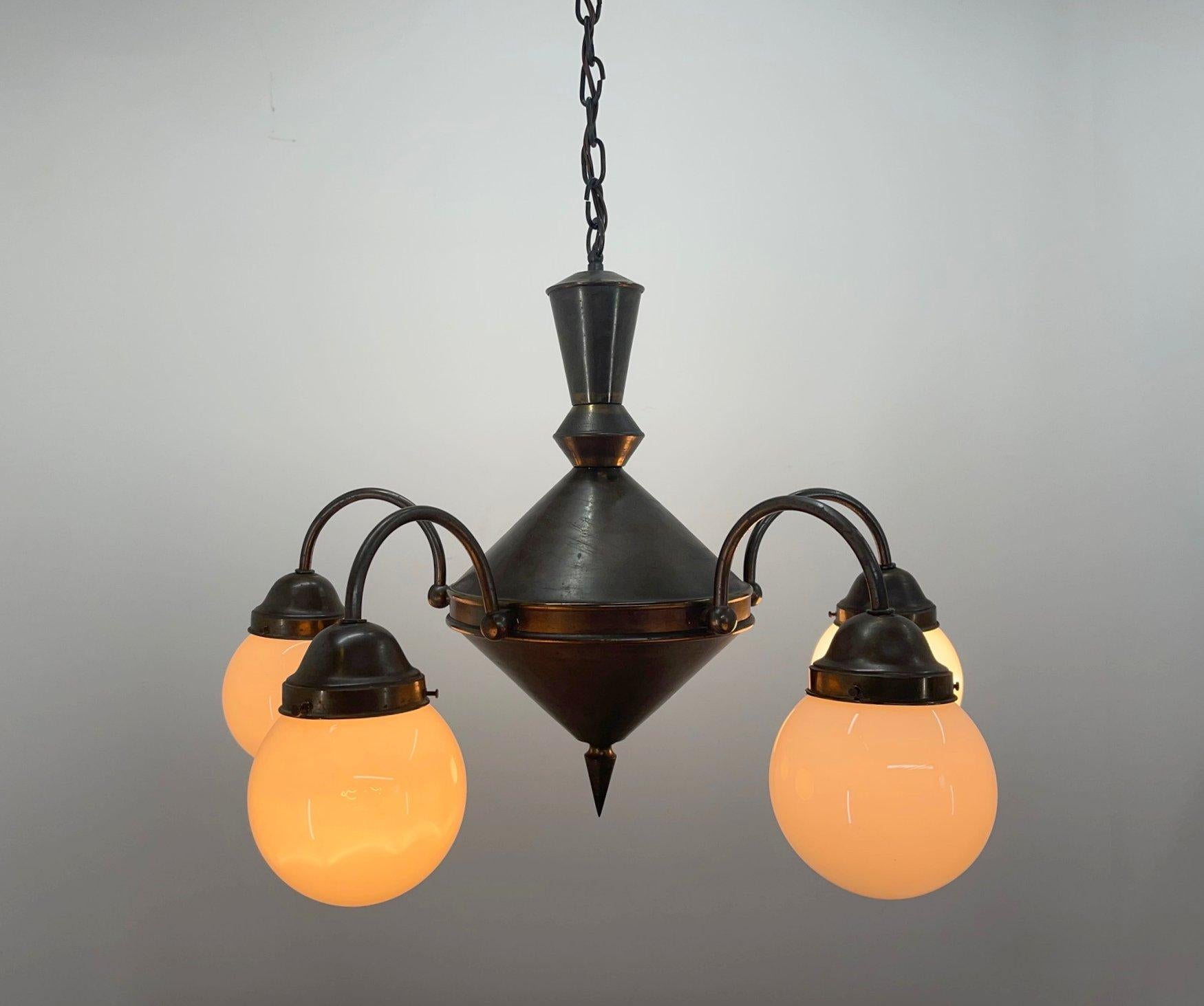 Art Deco Metal and Milk Glass Chandelier, 1930's In Good Condition For Sale In Praha, CZ