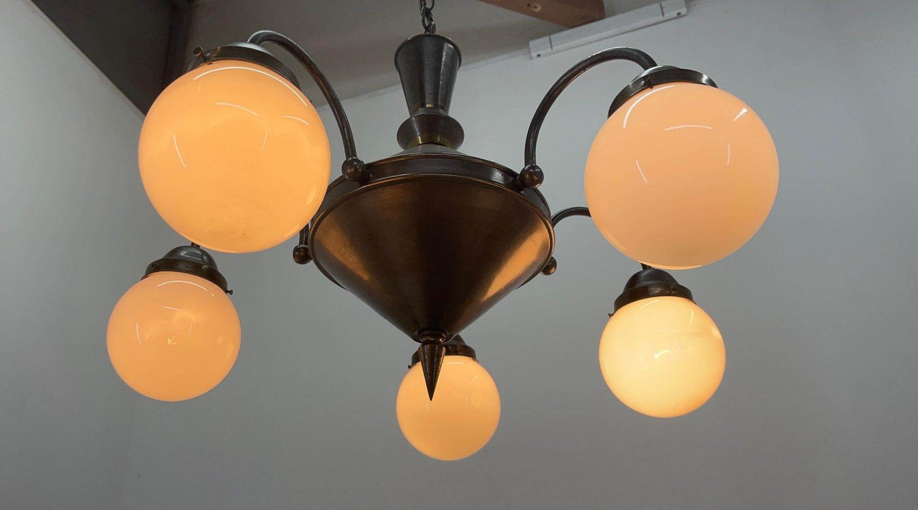 20th Century Art Deco Metal and Milk Glass Chandelier, 1930's For Sale