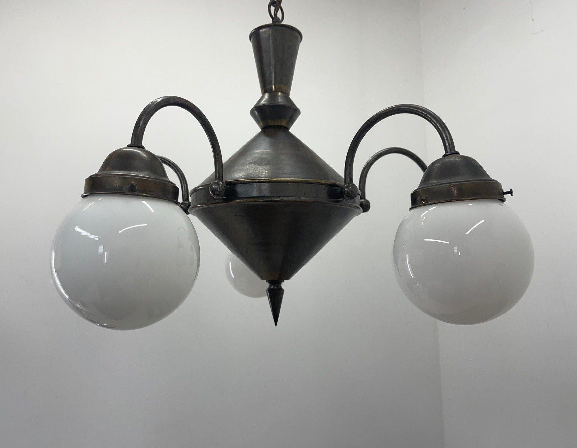 Art Deco Metal and Milk Glass Chandelier, 1930's For Sale 4