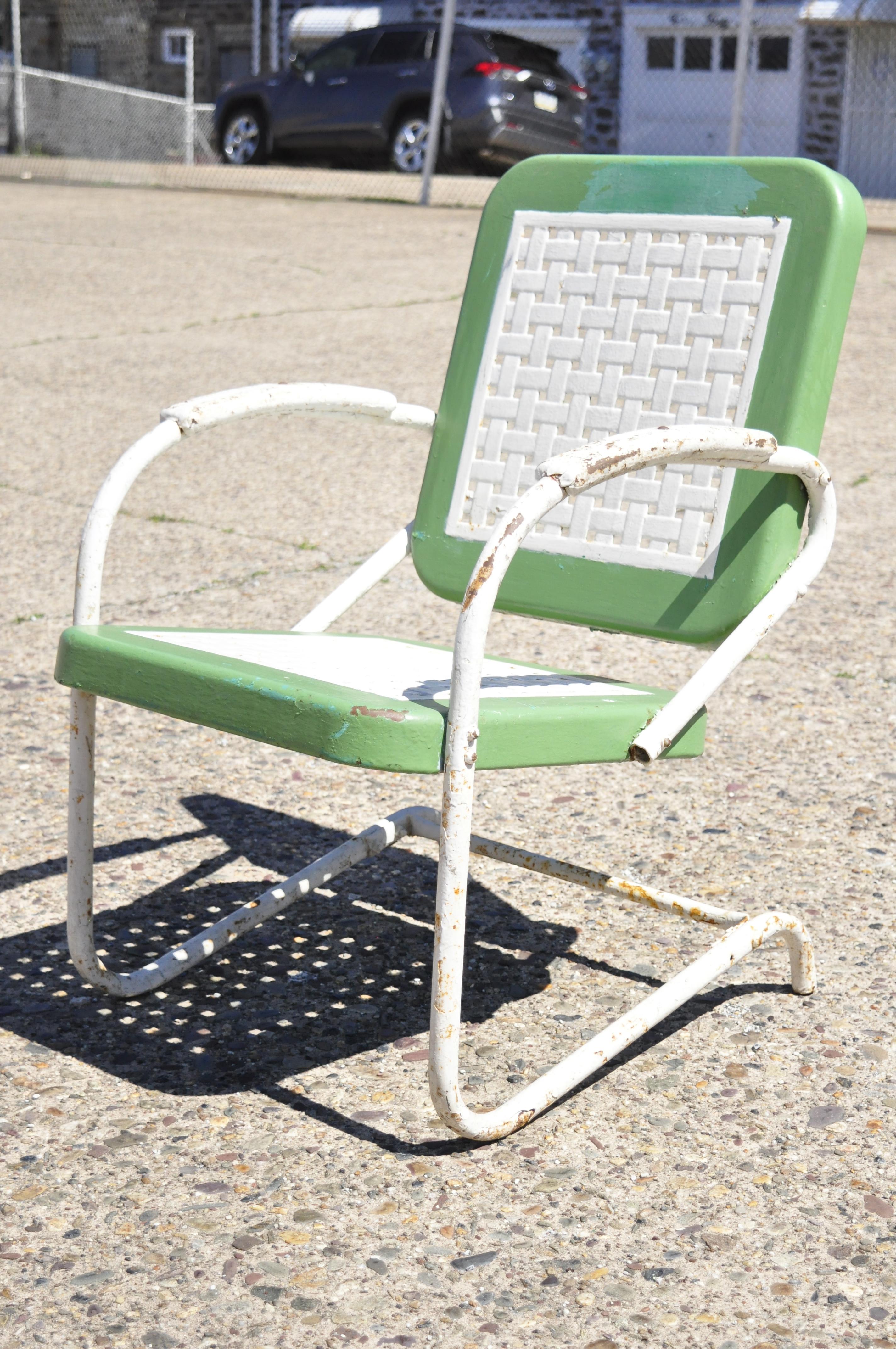 Art Deco Metal Basketweave Old Green White Porch Outdoor Spring Arm Chair For Sale 2