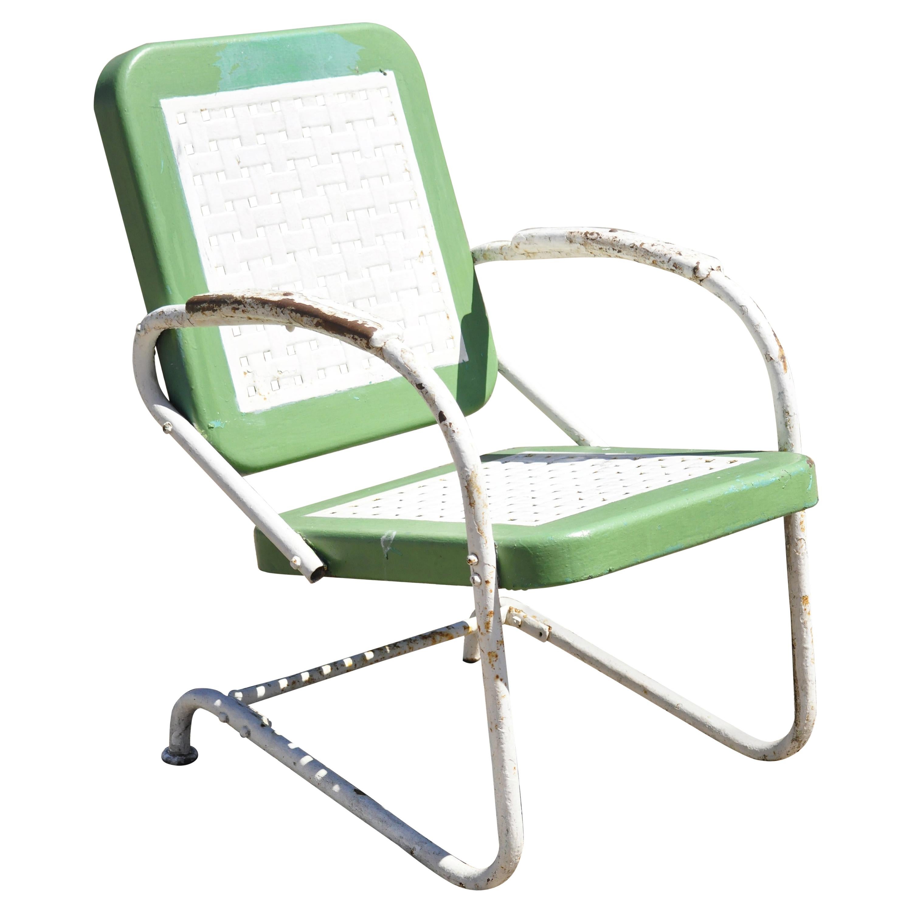 Art Deco Metal Basketweave Old Green White Porch Outdoor Spring Arm Chair For Sale