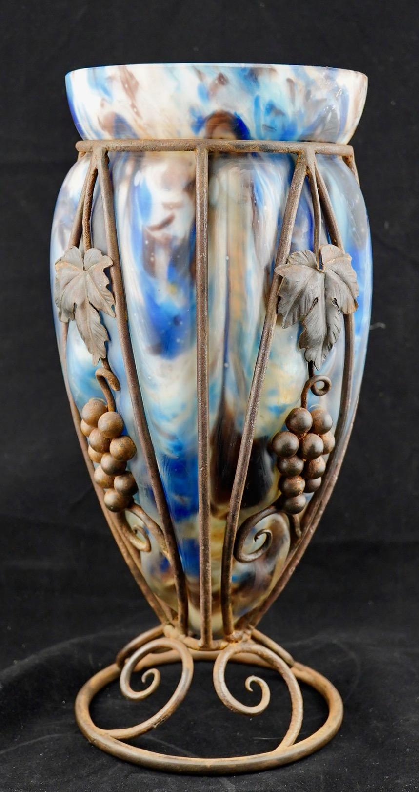 French Art Deco Metal Frama and Blown Glass Vase by Le Verre Francais For Sale