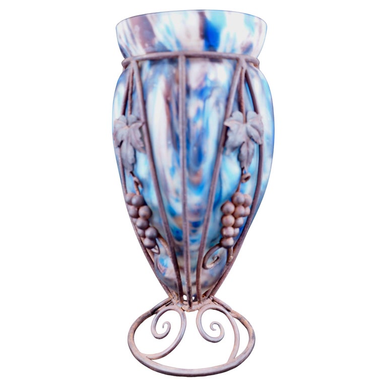 Art Deco Metal Frama and Blown Glass Vase by Le Verre Francais For Sale at  1stDibs