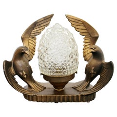 Art Deco Metal and Glass Eagles Table Lamp, 1930s