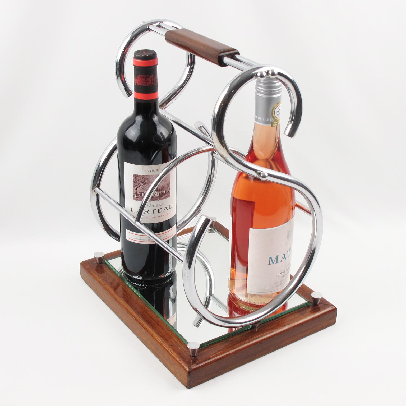 Portabotellas de Vino Art Decó en Metal, Espejo y Madera Francés en venta