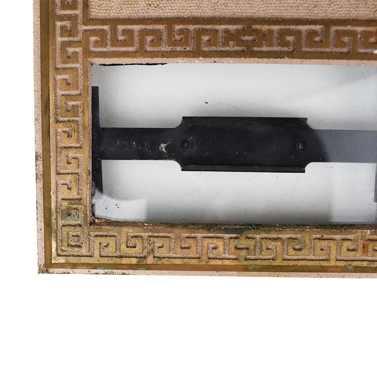 Gorgeous Art Deco style metal post office box covers. There are three available. The edges have a Greek key motif around the edges. A lock at the top is encircled with a multi point star as well as the letters A - J. The bottom of the cover is
