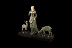 Art Deco metal sculpture "The Lady With Deer" by Menneville (Ugo Cipriani)