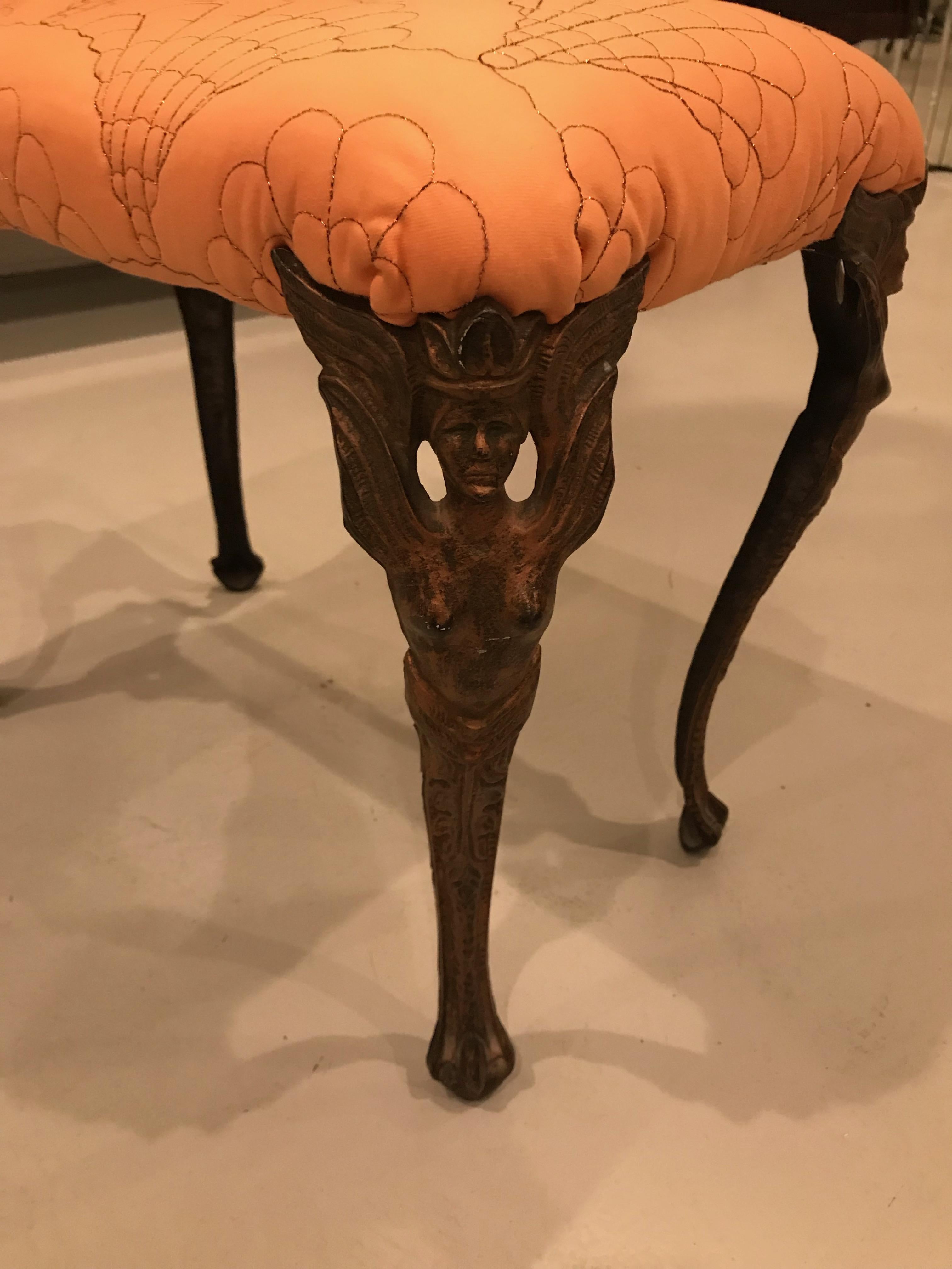 Beautiful Art Deco metal vanity bench. Having incredible female metal legs motif.