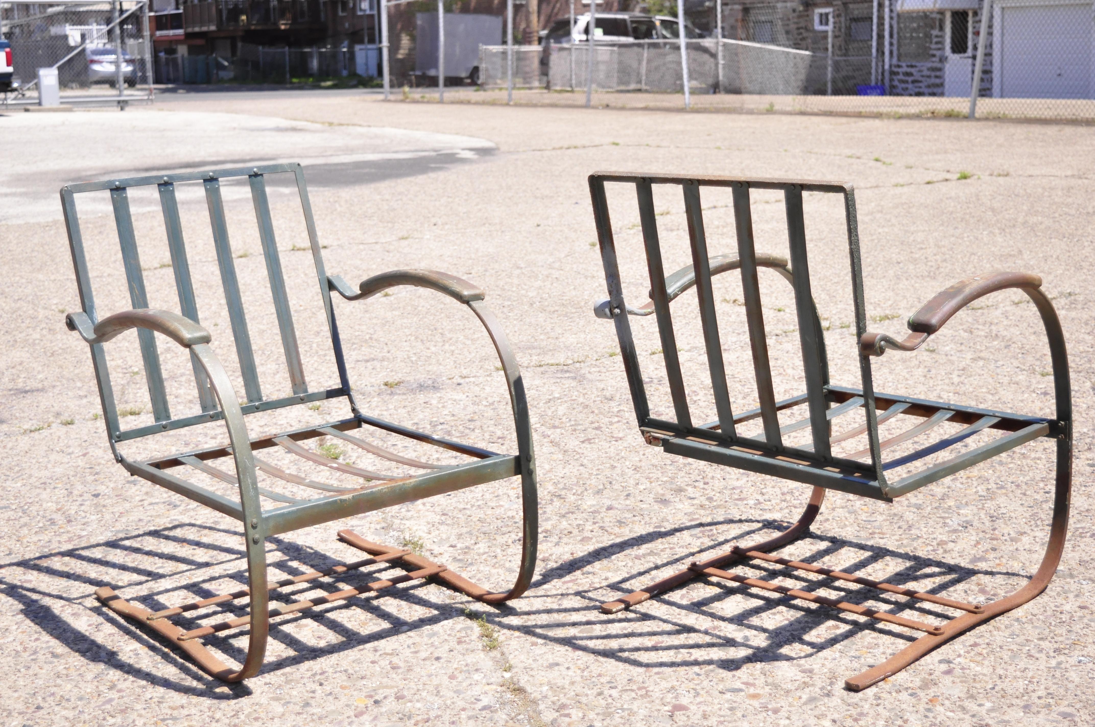 Art Deco Metal Wrought Iron Green Patio Garden Bouncer Lounge Chairs, a Pair 2