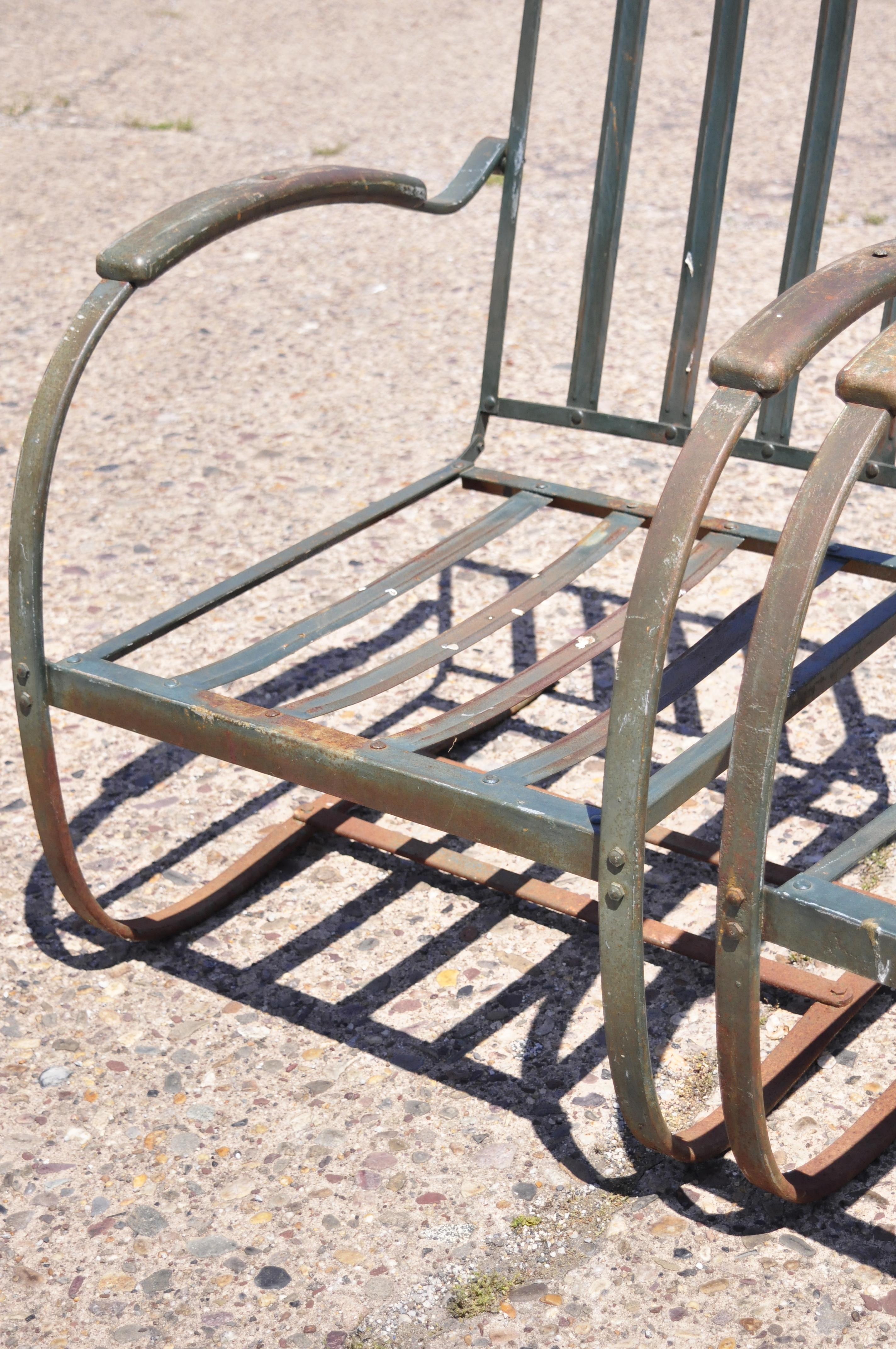 20th Century Art Deco Metal Wrought Iron Green Patio Garden Bouncer Lounge Chairs, a Pair