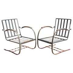 Vintage Art Deco Metal Wrought Iron Green Patio Garden Bouncer Lounge Chairs, a Pair