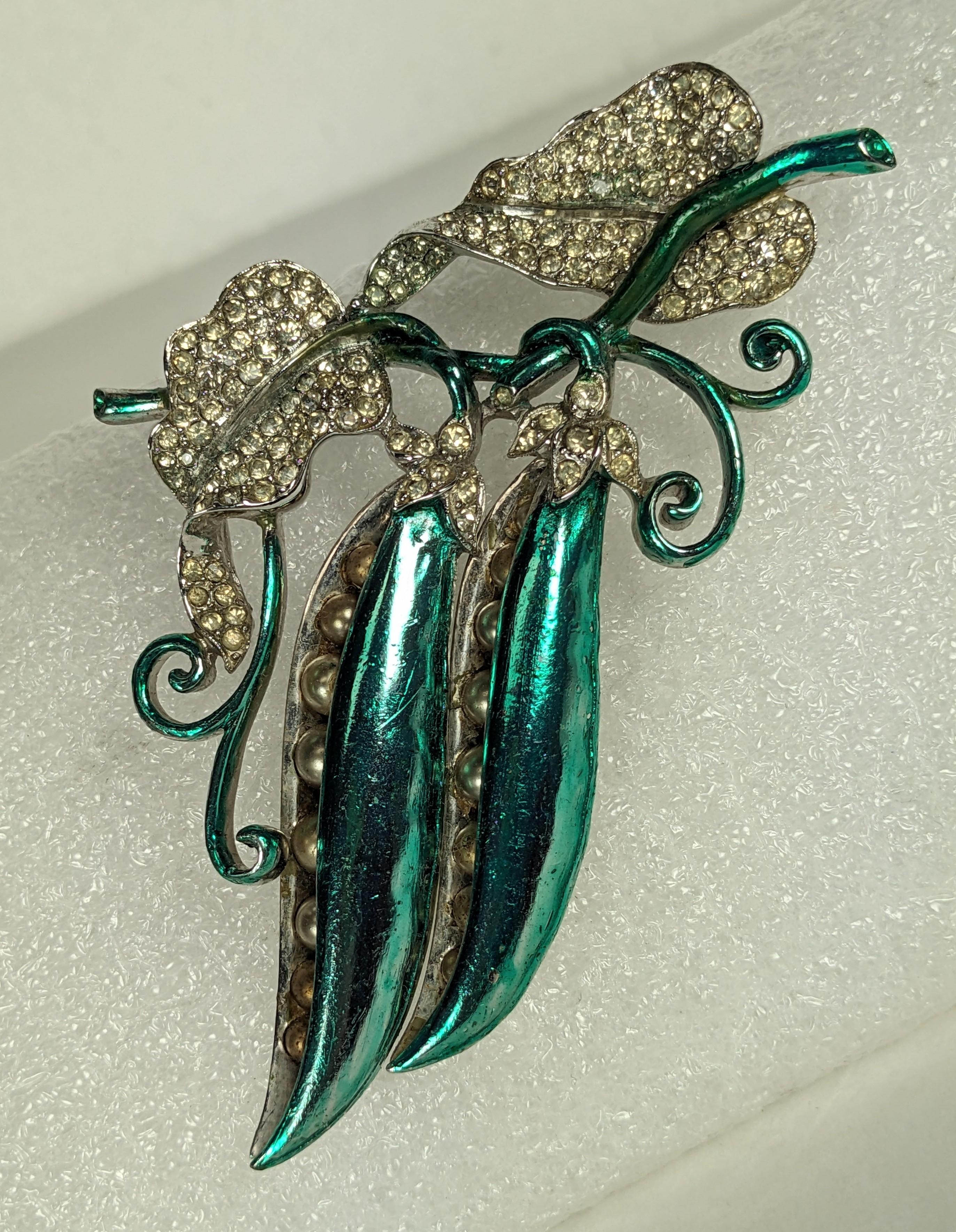 Art Deco Metallic Enamel Pea Pod Brooch, attrib. Boucher In Excellent Condition For Sale In New York, NY