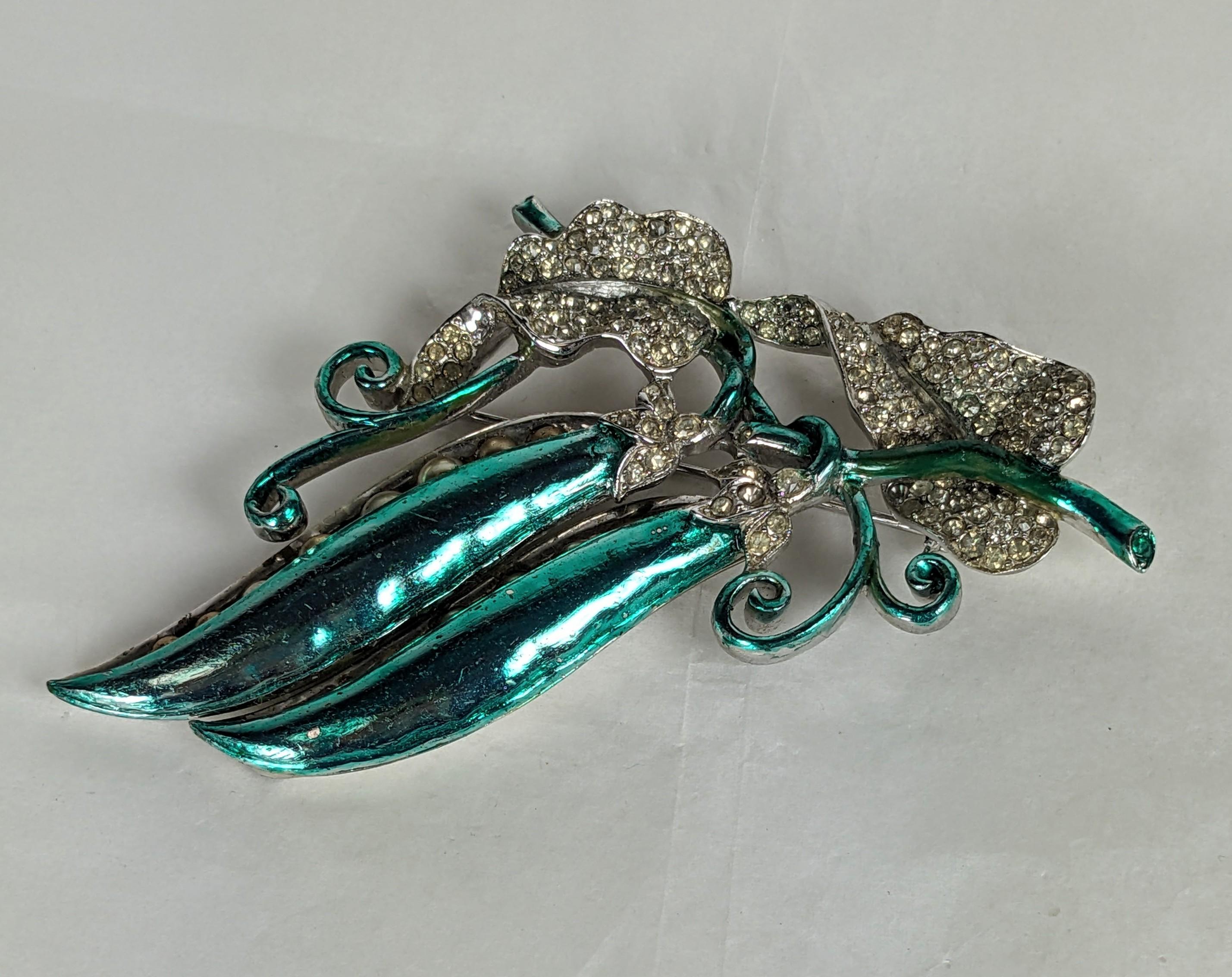 Women's or Men's Art Deco Metallic Enamel Pea Pod Brooch, attrib. Boucher For Sale