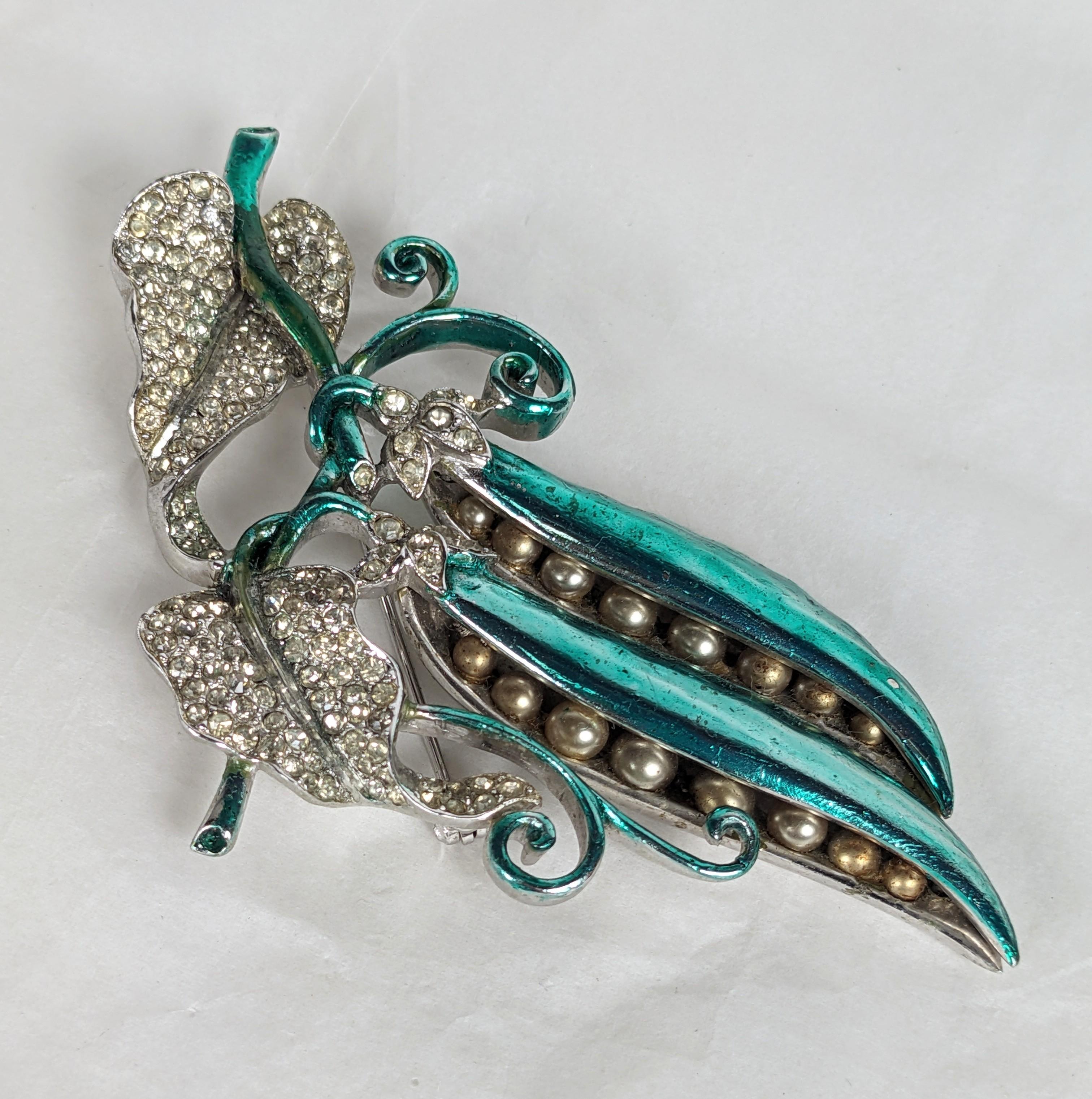 Art Deco Metallic Enamel Pea Pod Brooch, attrib. Boucher For Sale 1