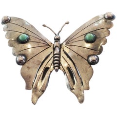 Art Deco Mexican Silver Butterfly brooch pin with Turquoise