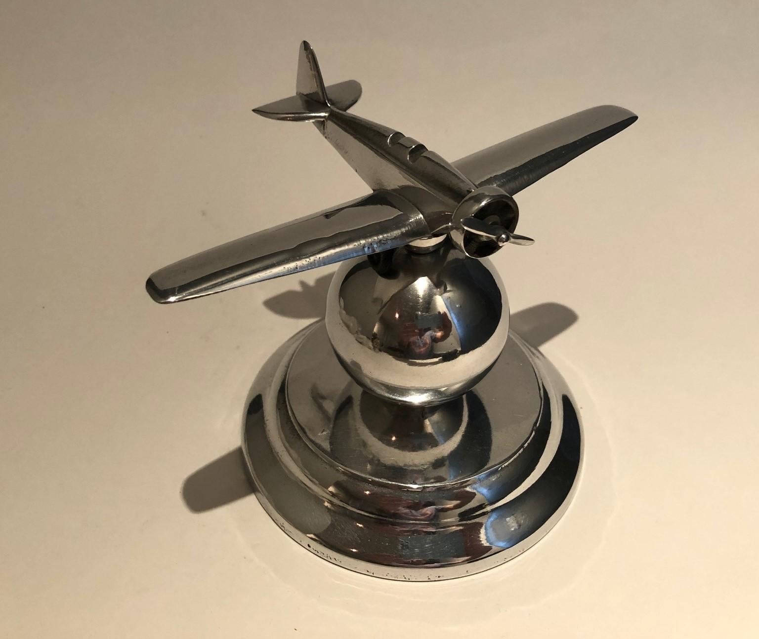 Aluminum Art Deco Mid-20 Century Airplane Fighter over the World Paperweight, 1930s For Sale