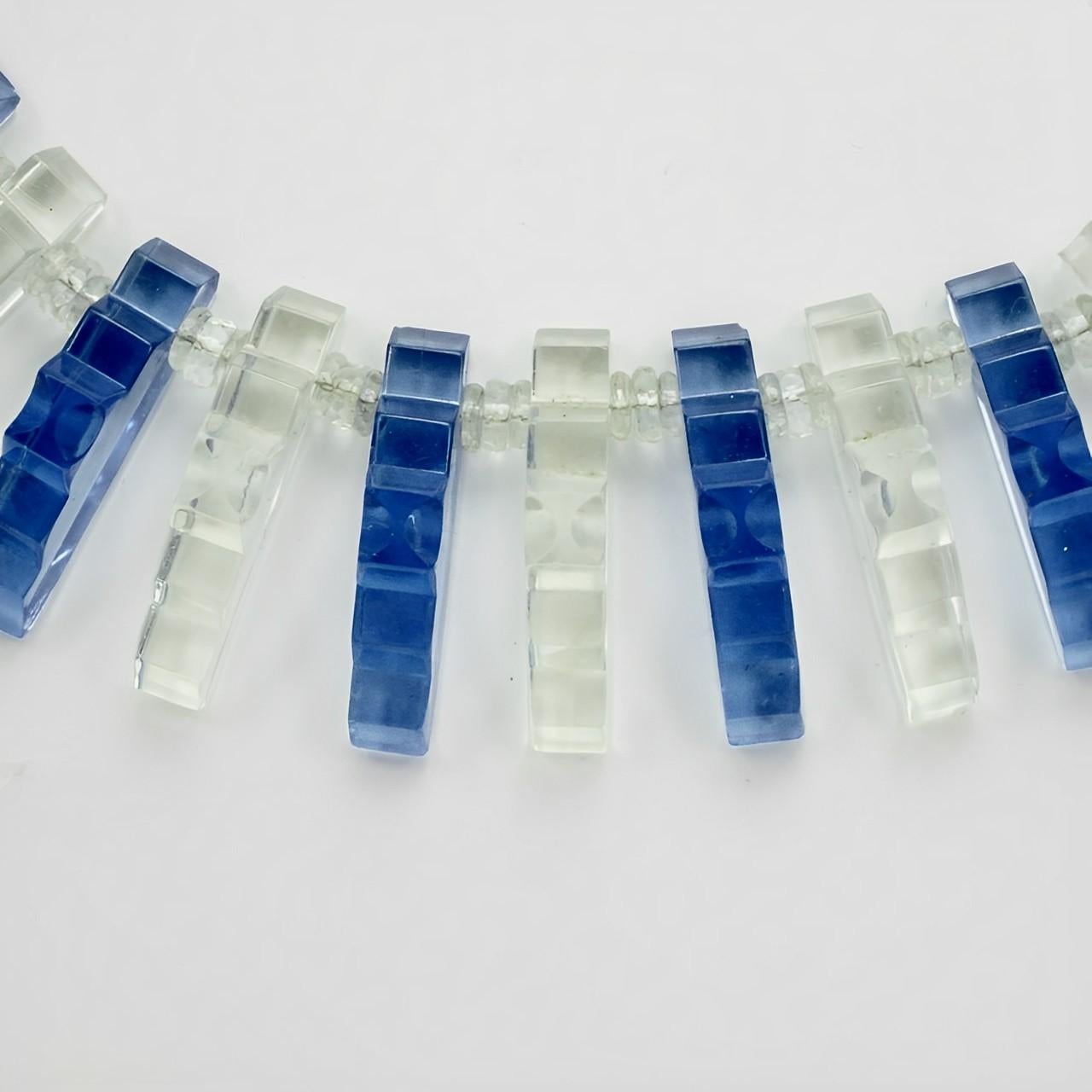 Art Deco Mid Blue and Clear Glass Fringe Necklace Collar For Sale 1