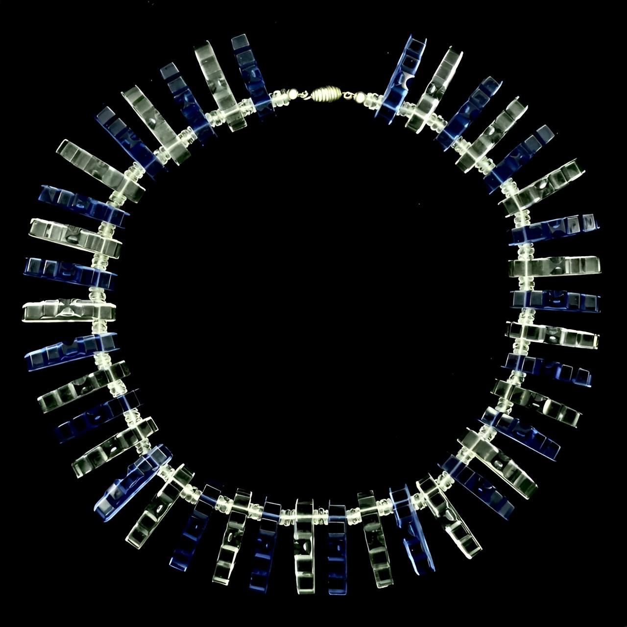 Art Deco Mid Blue and Clear Glass Fringe Necklace Collar For Sale 5
