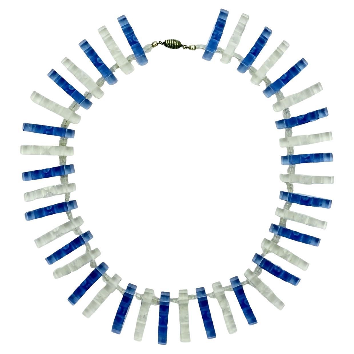 Art Deco Mid Blue and Clear Glass Fringe Necklace Collar For Sale