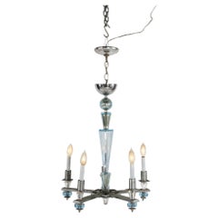 Art Deco Mid Century Modern Chrome & Aqua Blue Glass Five-Light Chandelier C1950