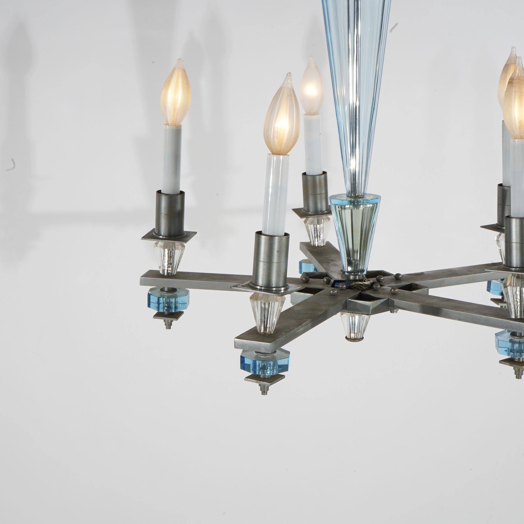 Mid-Century Modern Art Deco Mid Century Modern Chrome & Aqua Blue Glass Five-Light Chandelier C1950 For Sale