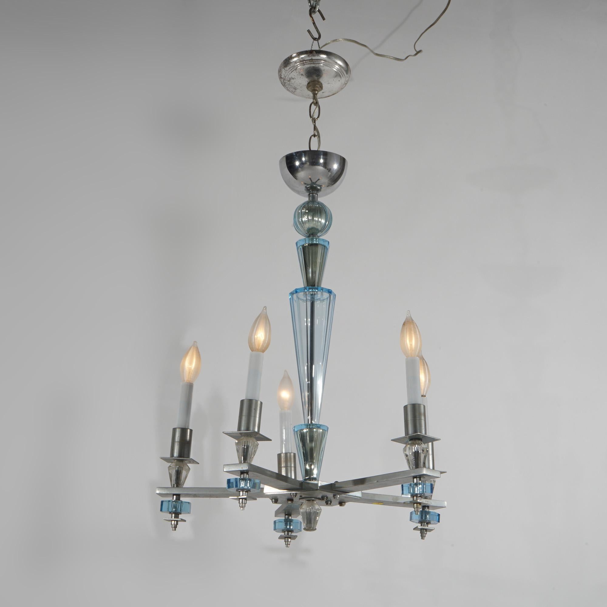 American Art Deco Mid Century Modern Chrome & Aqua Blue Glass Five-Light Chandelier C1950 For Sale