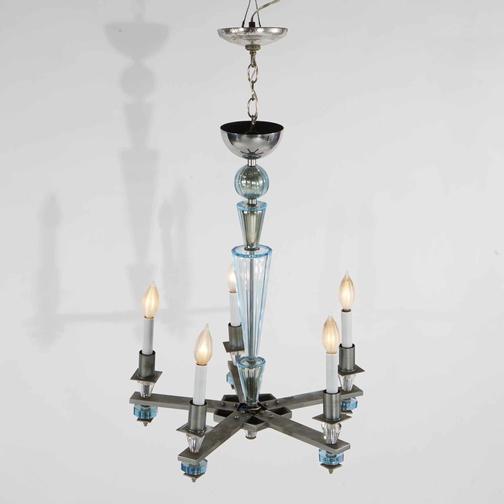 Art Deco Mid Century Modern Chrome & Aqua Blue Glass Five-Light Chandelier C1950 In Good Condition For Sale In Big Flats, NY