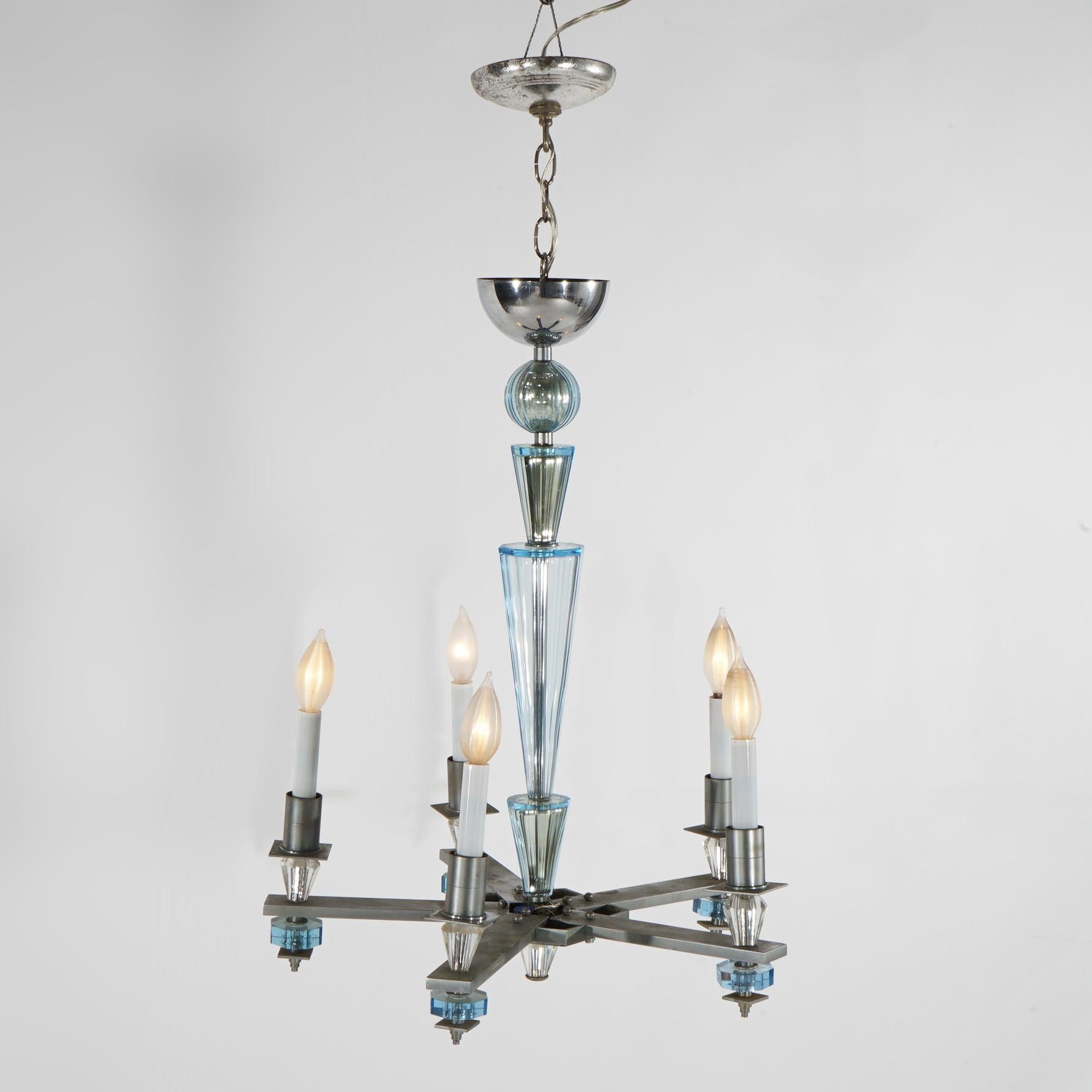 20th Century Art Deco Mid Century Modern Chrome & Aqua Blue Glass Five-Light Chandelier C1950 For Sale