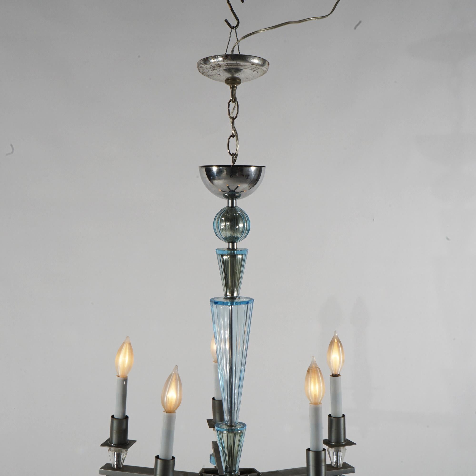 Art Deco Mid Century Modern Chrome & Aqua Blue Glass Five-Light Chandelier C1950 For Sale 3