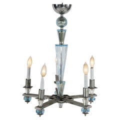 Art Deco Mid Century Modern Chrom & Aqua Blau Glas Fünf-Licht-Kronleuchter C1950