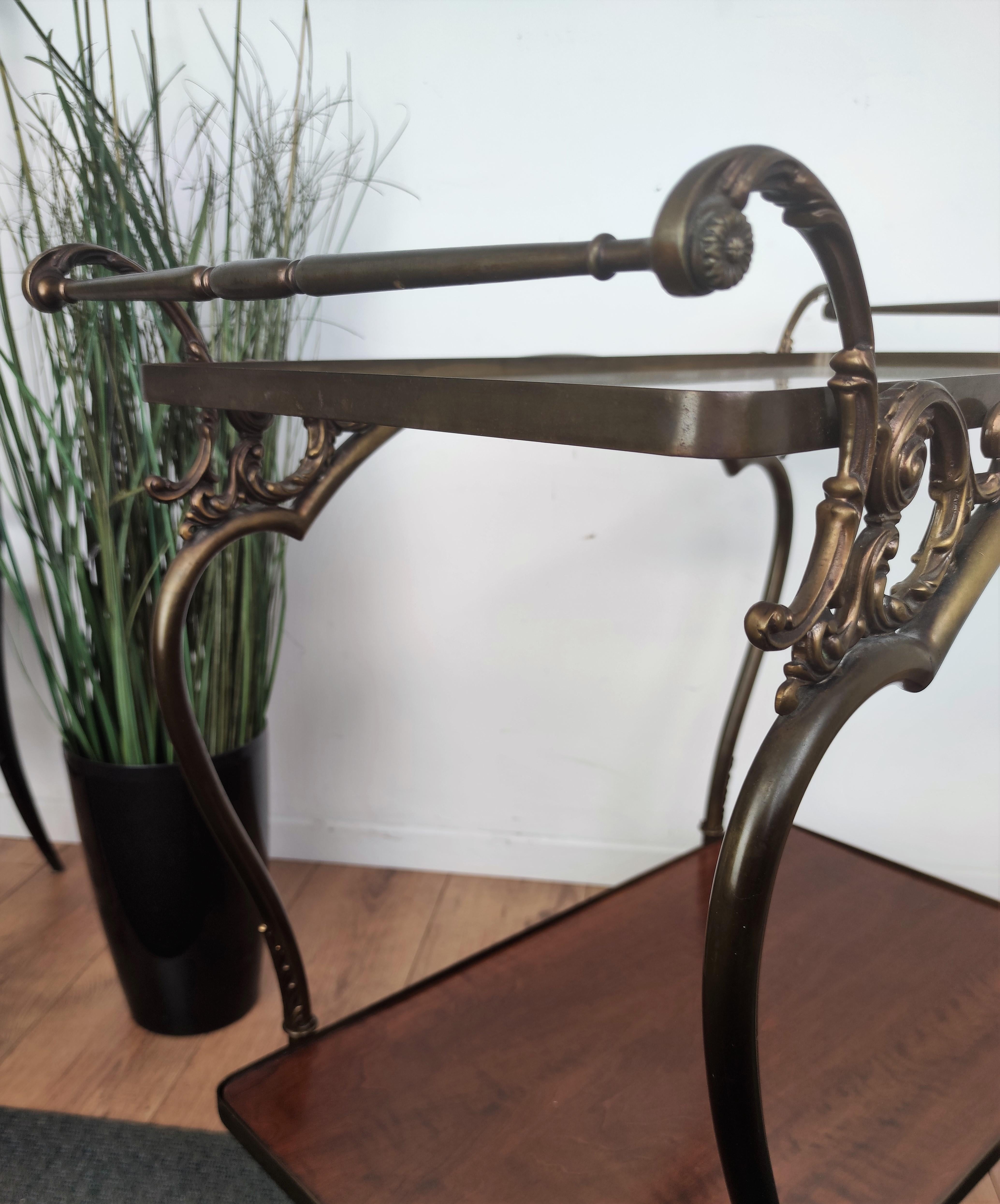 Glass Art Deco Mid-Century Modern Italian Two-Tier Gilt Brass Bar Cart For Sale