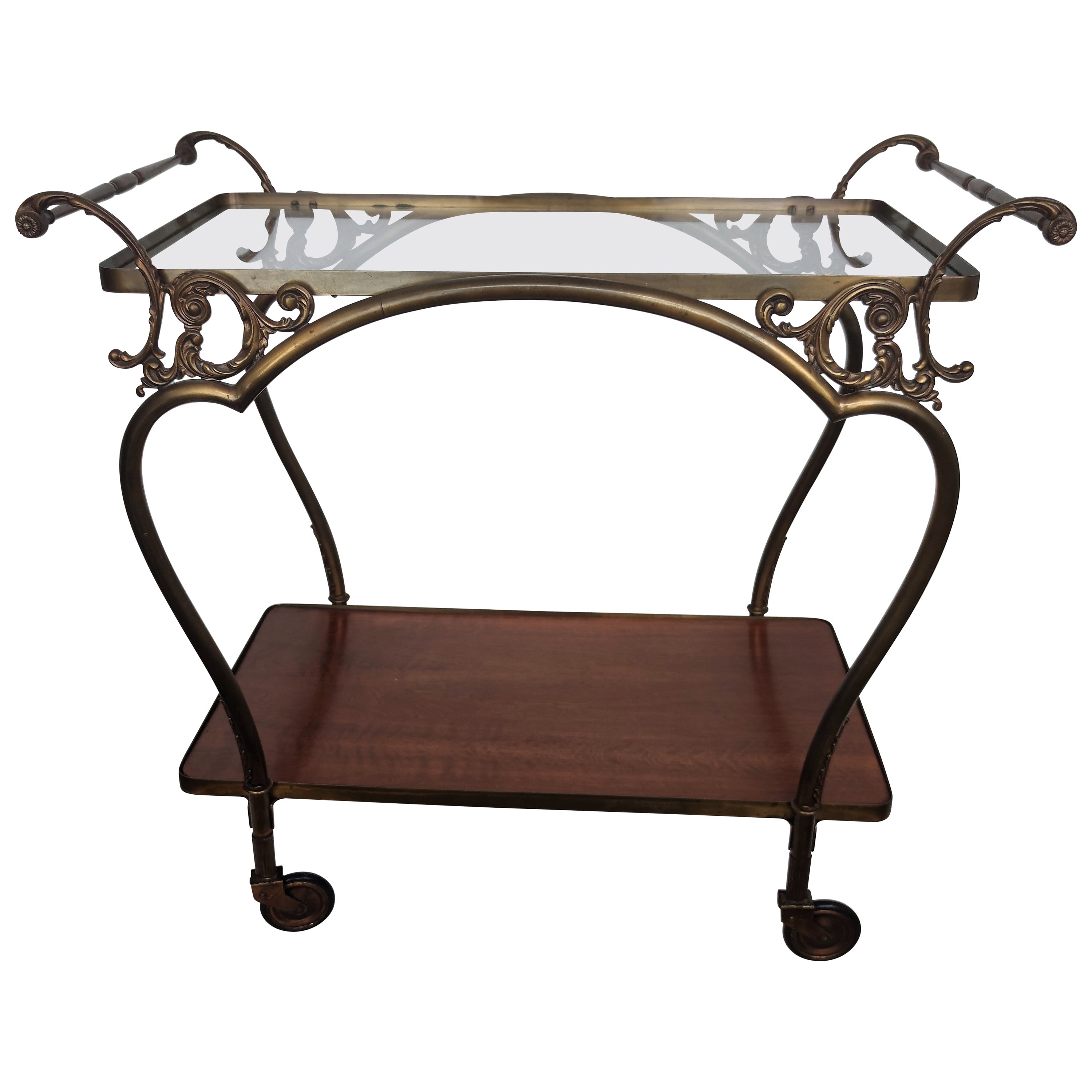 Art Deco Mid-Century Modern Italian Two-Tier Gilt Brass Bar Cart