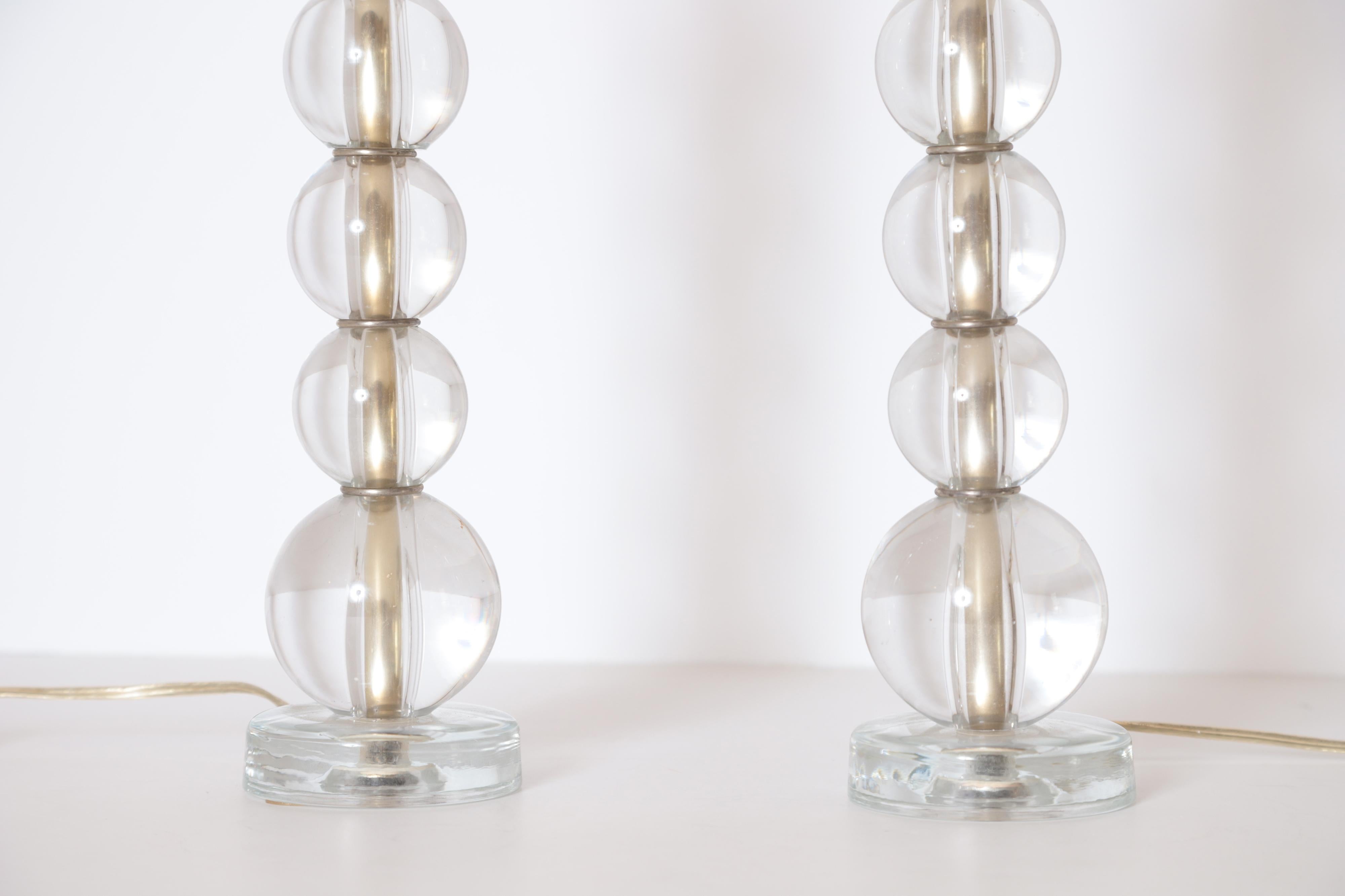 20th Century Art Deco Mid Century Pair of Crystal Ball Table Lamps  Manner of Jacques Adnet