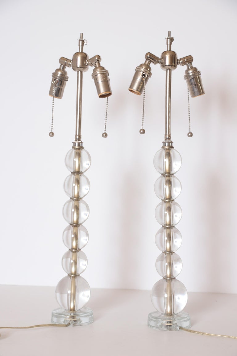 Art Deco Mid Century Pair of Crystal Ball Table Lamps For Sale at 1stdibs