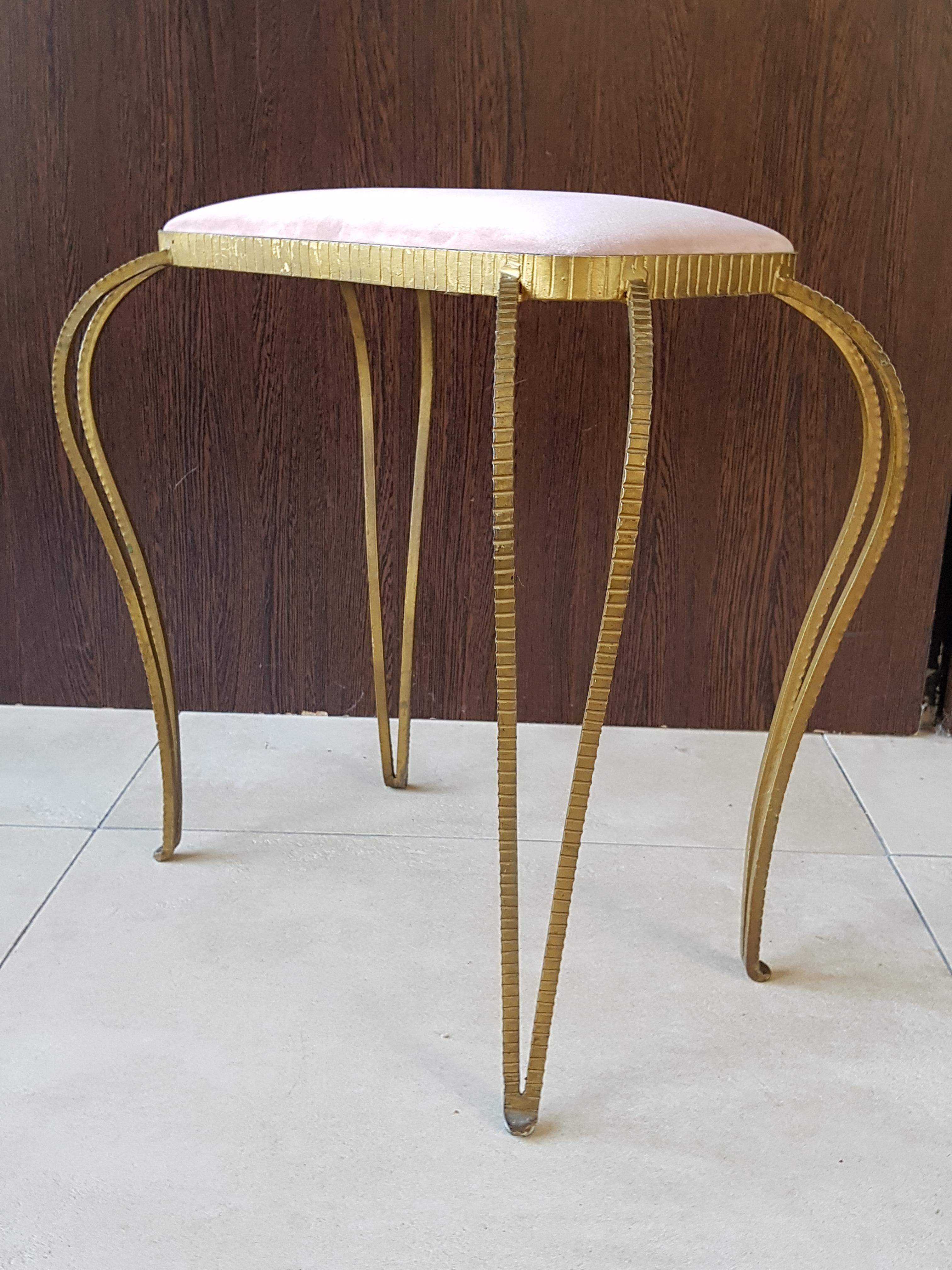 Art Deco midcentury stool wrought iron by Pier Luigi Colli, Italy, 1940s. Iron, gold color patina. New upholstered with old-pink suede. Solid and stable.

Entirely hand-molded, as if they were sculptures, amazing work of great