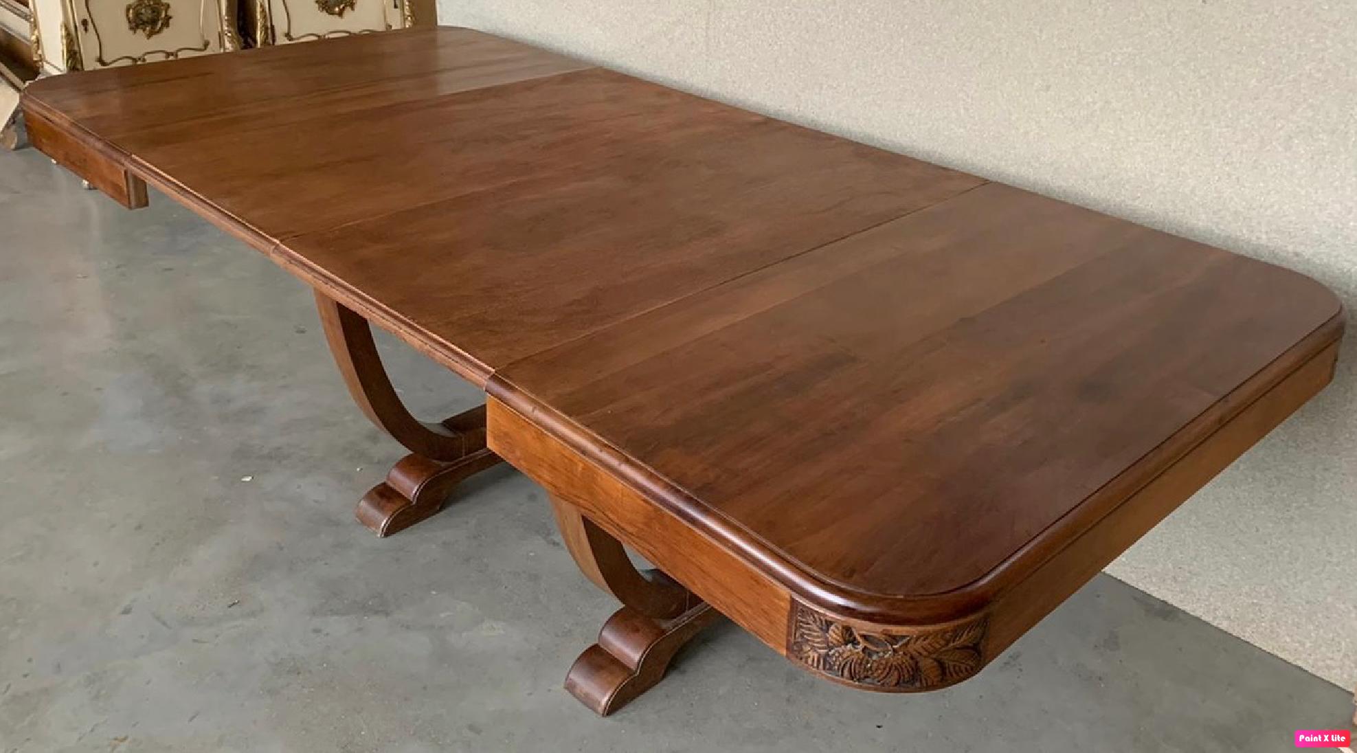 Art Deco Mid-Century Walnut Dining Table with Extensions and Carved Edges 9