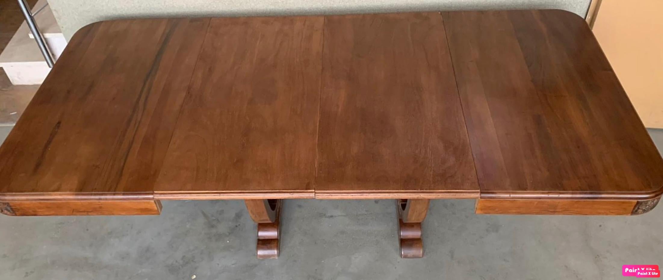 Art Deco Mid-Century Walnut Dining Table with Extensions and Carved Edges 10