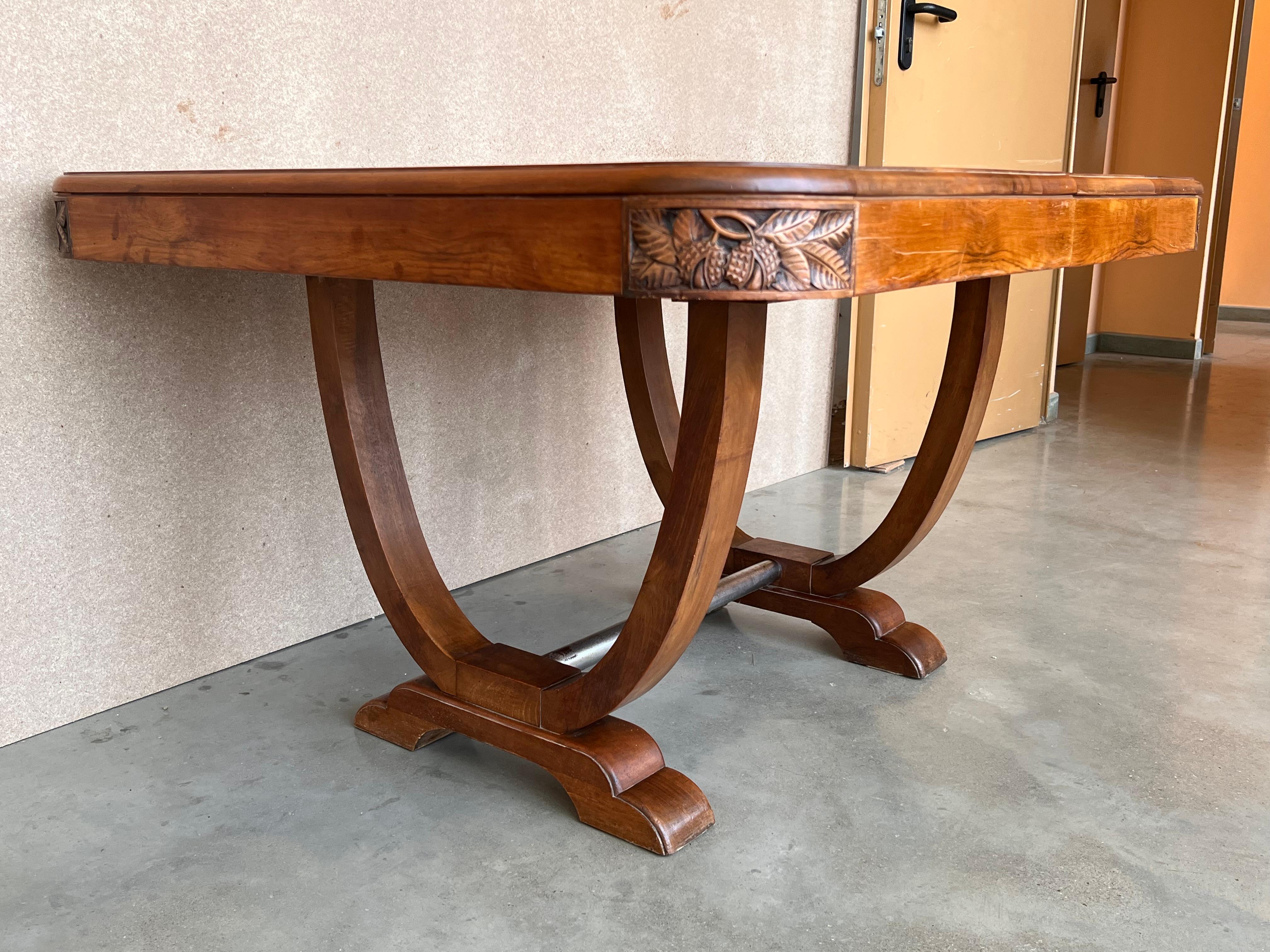 20th Century Art Deco Mid-Century Walnut Dining Table with Extensions and Carved Edges