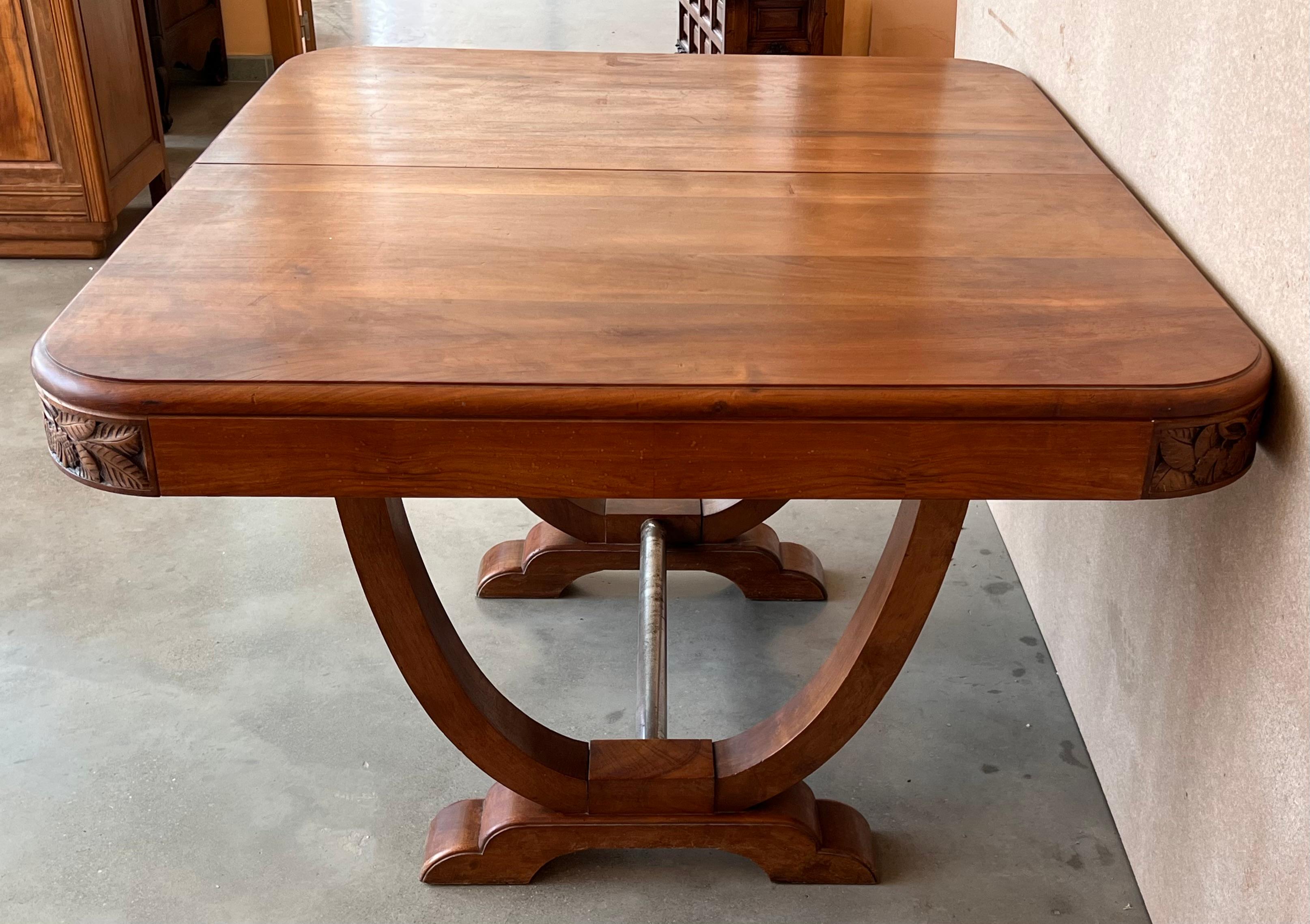 Art Deco Mid-Century Walnut Dining Table with Extensions and Carved Edges 2