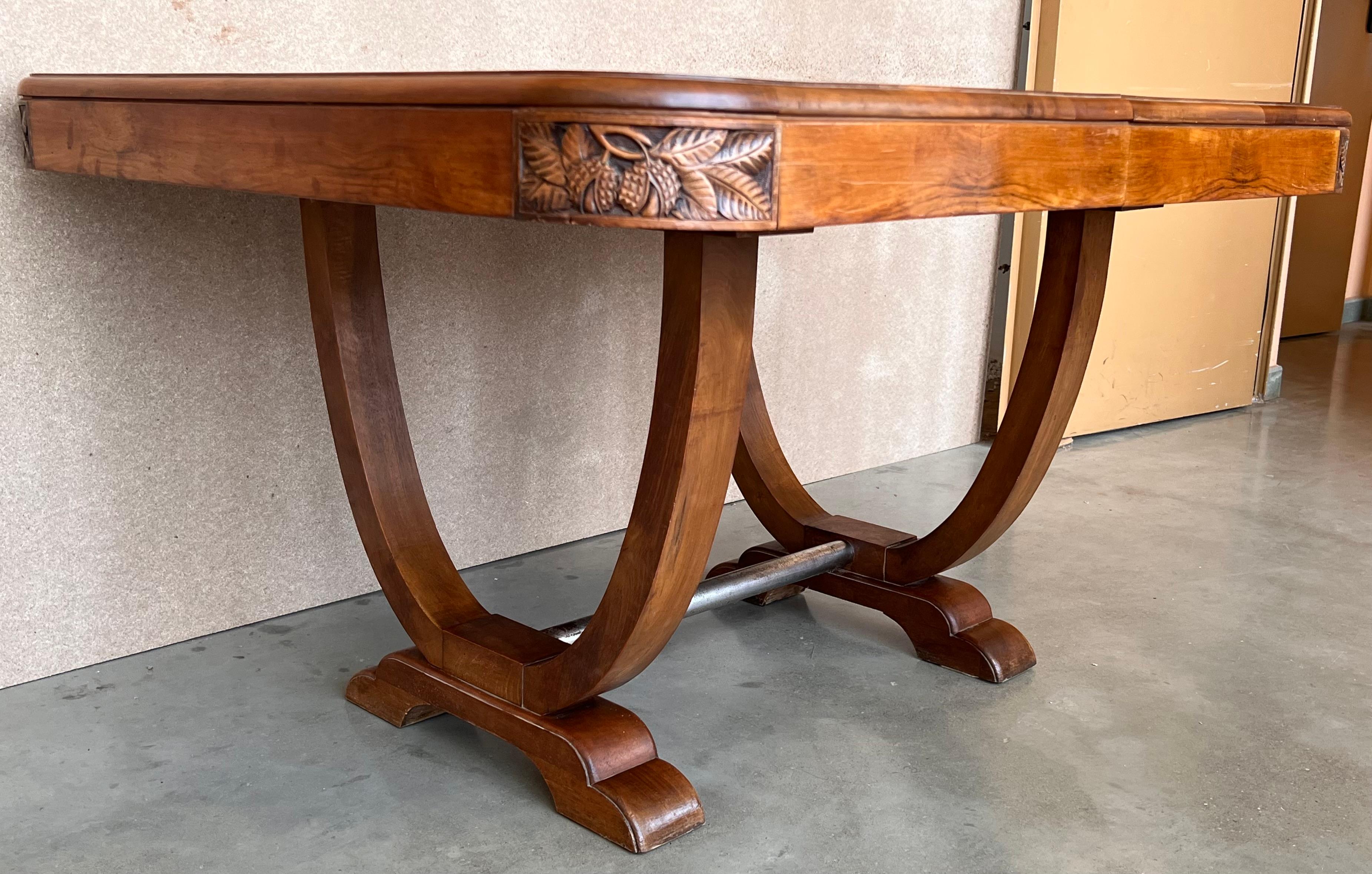 Art Deco Mid-Century Walnut Dining Table with Extensions and Carved Edges 3